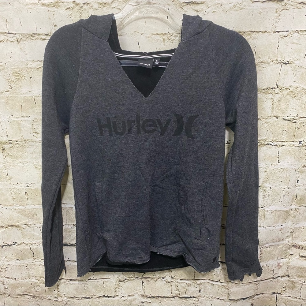 Hurley Gray Black Raw Hem V Neck Hoodie Sweatshirt